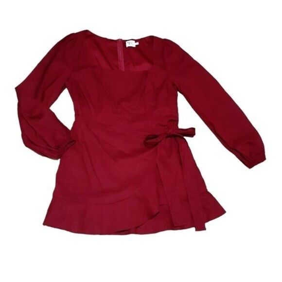 Princess Polly The Villa Mini Dress Burgundy Faux Wrap Puff Long Sleeves Sz 12 - Picture 2 of 9